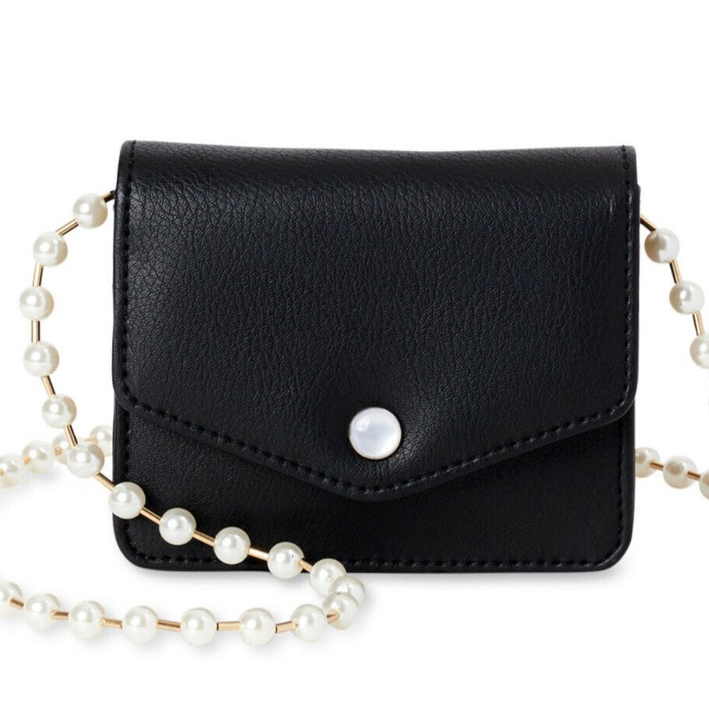 NEW No Boundaries Faux Leather Micro Snap Pearl Chain Strap Bag - Black